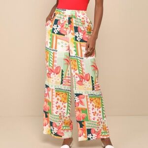 NWT Lulus Amalfi Essence White Multi Patchwork Floral Wide Leg Pants